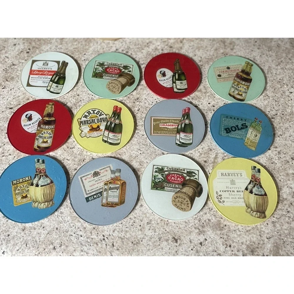 Vintage Glass Coasters 12 Total Cork Back Vodka Gin‎ Cognac Champagne Rum Brandy